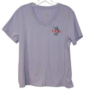 Huk Fishing Graphic T-shirt Purple V-Neck Short Sleeve SZ L